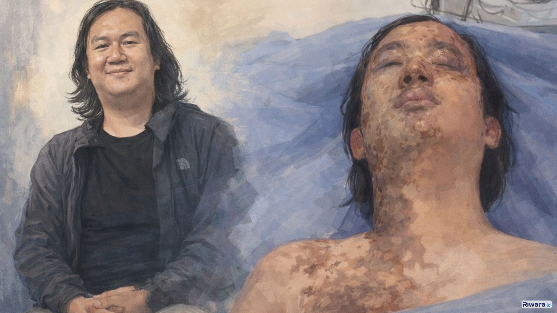 Ilustrasi kondisi korban sebelum dan sesudah mengalami luka bakar akibat paparan cairan kimia, dengan wajah disamarkan dalam bentuk sketsa demi menjaga privasi dan etika pemberitaan.